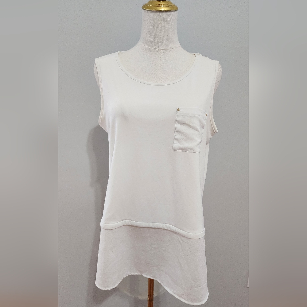 Calvin Klein Tunic White Long Casual Sleeveless Blouse Chiffon Trim Size SP